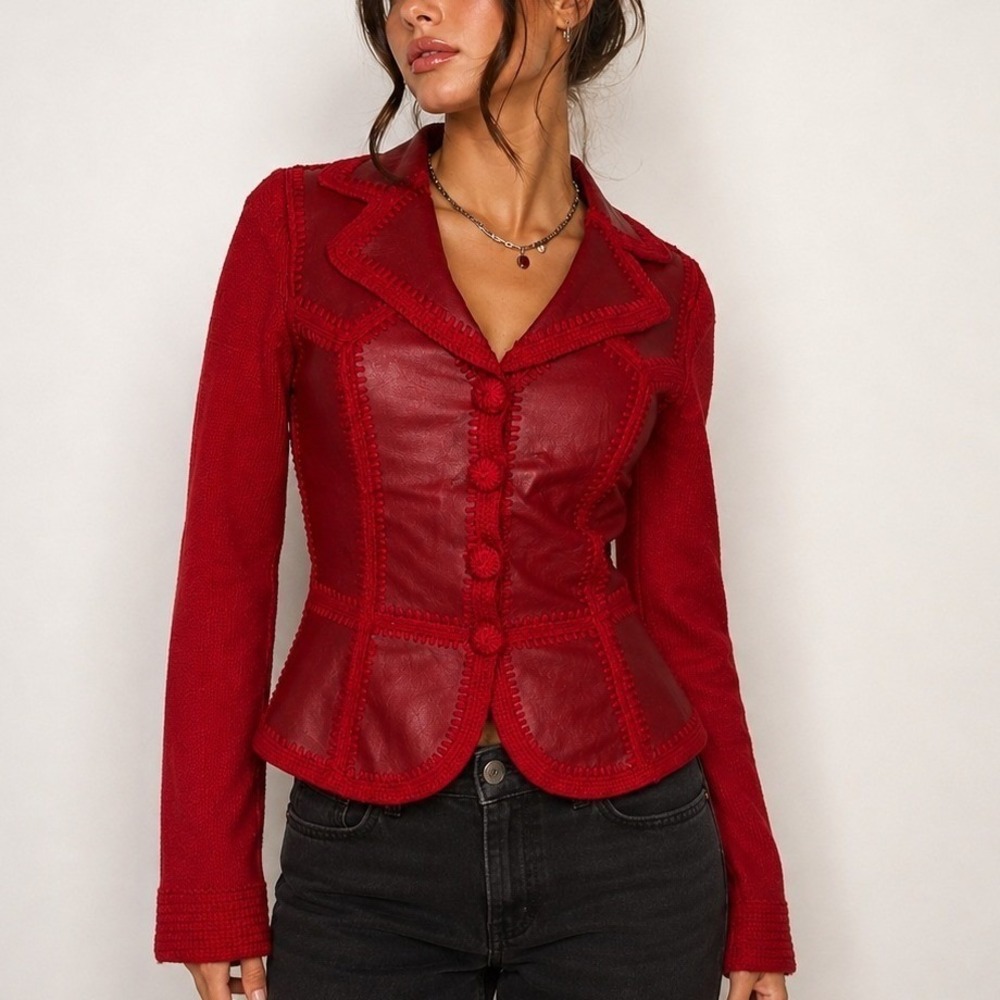 Vtg Nanette Lepore Jacket Womens M Red Leather Knit Sweater Blazer Y2K